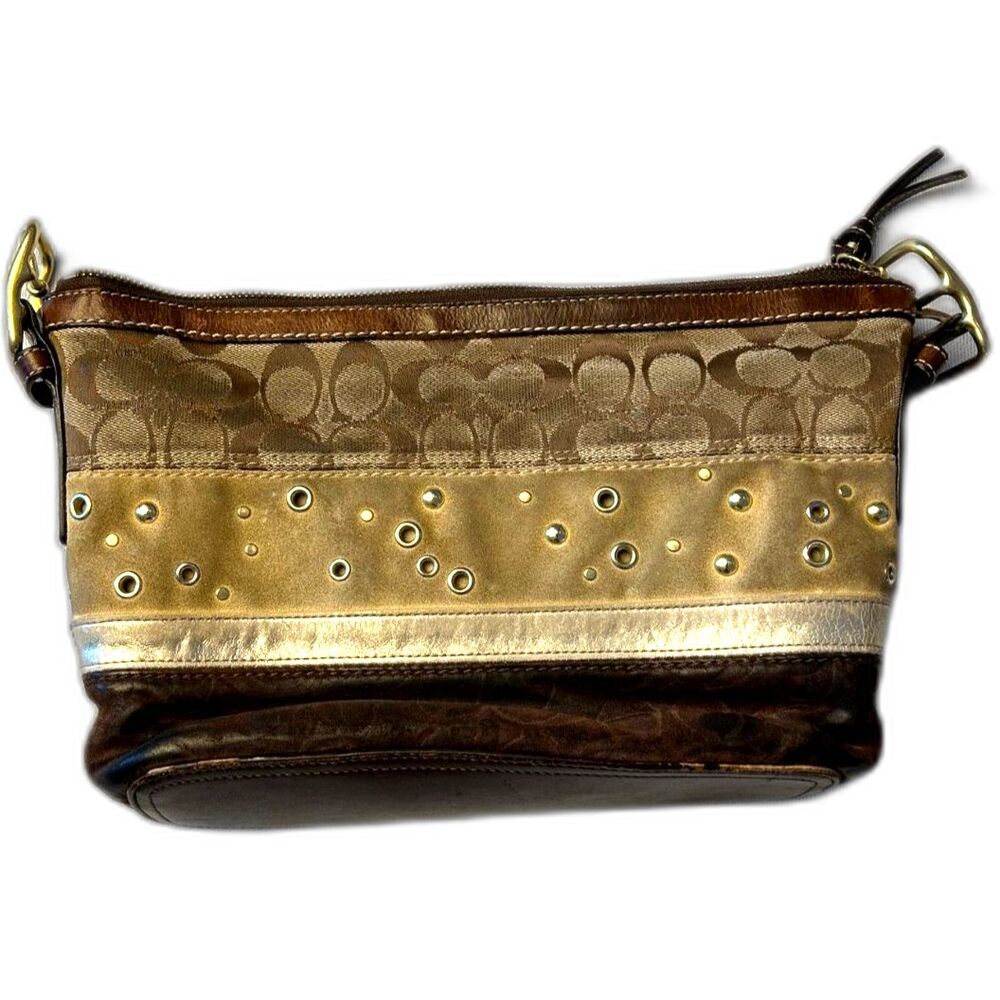Coach Pierced Stripe Signature Gold Studded East West Bag AS IS - No Strap